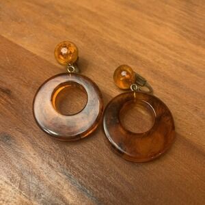 VTG Bakelite‎ Earrings Clip On Art Deco 1940's Tortoise Shell Hoop Dangle 2"